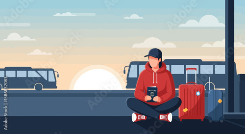 Traveler Waiting At Bus Station With Luggage Holding Passport At Sunset