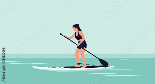 Woman Practicing Stand Up Paddle Boarding On Calm Waters During Summer