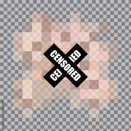 CENSORED pixel mosaic. Blurred content overlay. Black cross warning. Vector privacy filter.