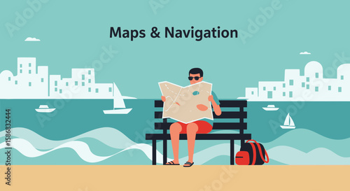 Traveler With Sunglasses Studying Map On Bench Near The Sea With City View