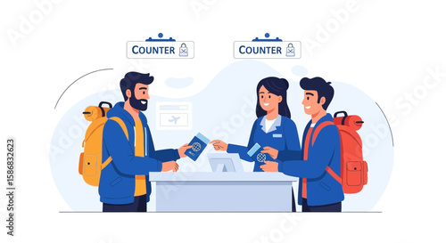 Travelers At Airport Check In Counter With Staff Members And Passport Checks