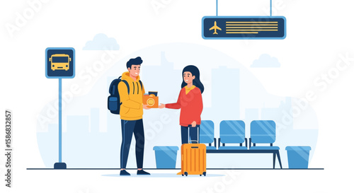 Travelers Exchanging Package At Airport Terminal For Traveling Destinations