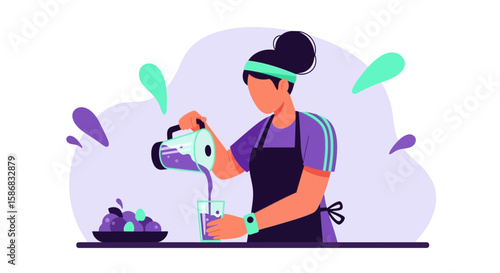 Woman Prepares Fresh Drink And Pours Into Glass In A Kitchen Illustration