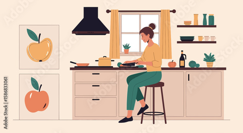 Woman Prepares Healthy Meal In Flat Design Kitchen Interior With Apple Artwork