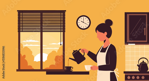 Woman Preparing A Hot Drink At Sunrise In A Minimalistic Kitchen