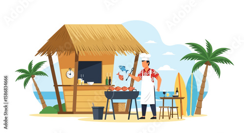 Tropical Beach Barbecue Featuring Fresh Grilled Fish And Relaxing Seaside Ambience