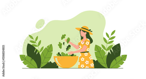 Woman Preparing Fresh Green Salad In Bowl Surrounded By Lush Vegetation
