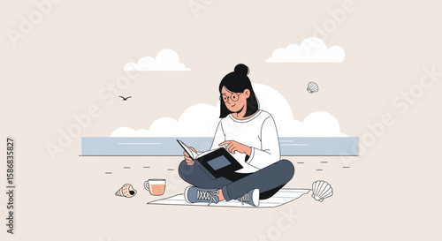 Woman Reading Book On The Beach Enjoying Summer Vacation Relaxation
