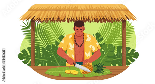 Tropical Getaway Man Slicing Pineapple Under Thatched Hut On Banana Leaf