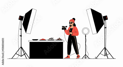Woman Records Food Presentation With Professional Camera And Softbox Lighting