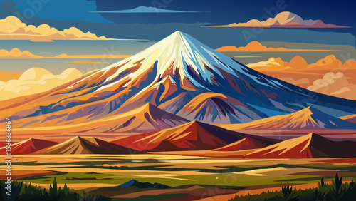 Mount Ararat Viewpoint, Eastern Anatolia, Turkey – The majestic, snow-capped peak dominates flat plains. A symbol of heritage and power, this landmark offers spiritual and bold framing for iconic vect