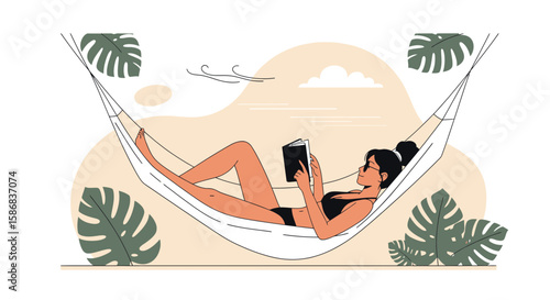 Woman Relaxing In Hammock Reading Book During Vacation Under Palm Trees