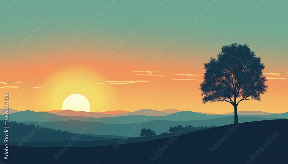 Fototapeta premium Minimalist illustration shows tree silhouette against vibrant gradient sky at dusk. Sun sets behind rolling hills casting warm orange, yellow hues. Peaceful savanna landscape with serene colors
