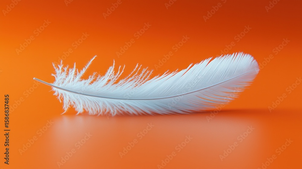 Fototapeta premium A single white feather rests on a vibrant orange surface