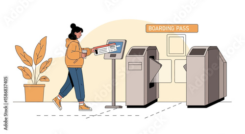 Woman Scans Boarding Pass For Her Flight At Modern Airport Gate System