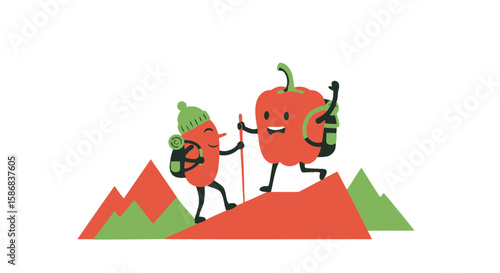 Two Cheerful Vegetables Hiking Up a Mountain Range With Backpacks