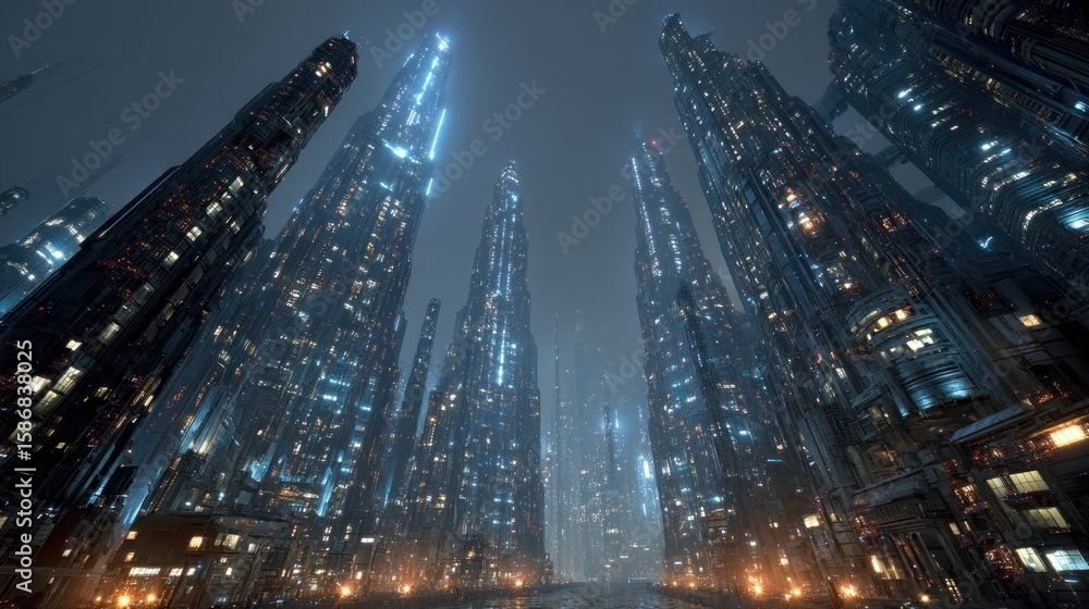 Futuristic cityscape with towering skyscrapers under a dramatic sky Futuristic cityscape with towering skyscrapers under a dramatic sky