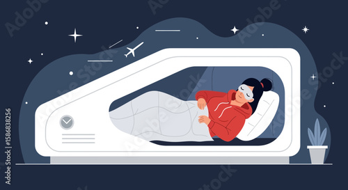 Woman Sleeping Comfortably Inside Modern Sleeping Pod In Flight At Night
