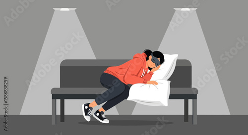 Woman Sleeping On Public Bench Wearing Eye Mask Illustrating Urban Exhaustion