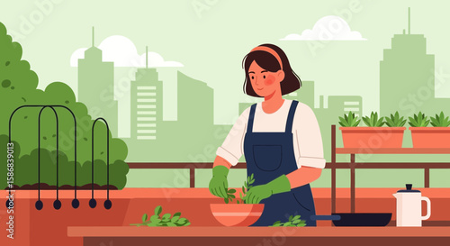 Urban Gardener Cultivating Fresh Herbs On A City Balcony Amidst Skyscrapers