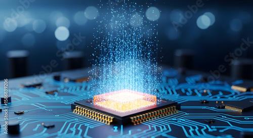 Data Streams Emanating from Glowing CPU on Circuit Board Artificial Intelligence Concept
