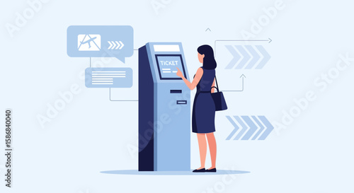 Woman Using Interactive Kiosk for Ticketing Purchase Digital Assistance
