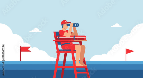 Vigilant Lifeguard Observing The Ocean Waters From A Tower Station