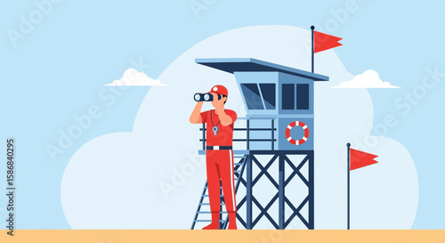 Vigilant Lifeguard Observes Coastal Area From Tower On Beach, Ensuring Safety