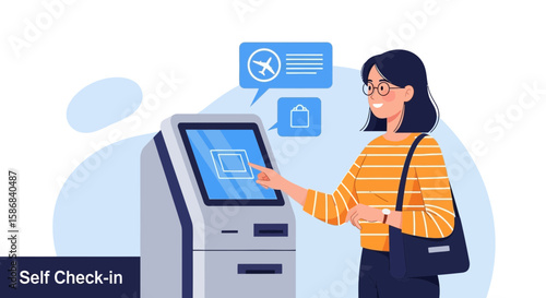 Woman Using Self Check-In Kiosk For Modern Travel At The Airport Terminal