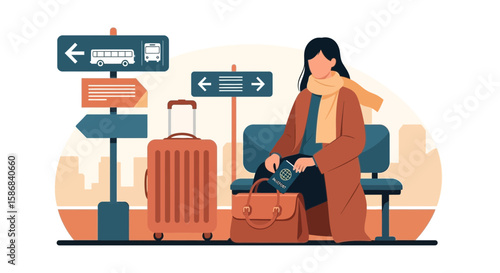 Woman Waiting Transportation at Bus Station for Travel Vacation Flat Design