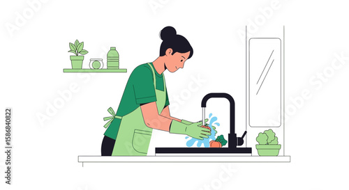 Woman Washing Vegetables In The Kitchen Sink With Protective Gloves For Food Preparation