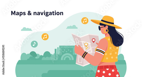 Woman With Map Exploring Cityscape For Vacation Getaway And Using Navigation Tools