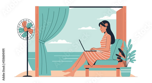 Woman Working Remotely On Laptop By The Beach Relaxing Summer Vacation