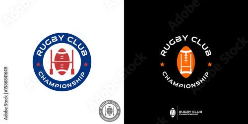 A sophisticated logo for a Rugby Club League, featuring a masculine design with a bold red and blue color scheme.
