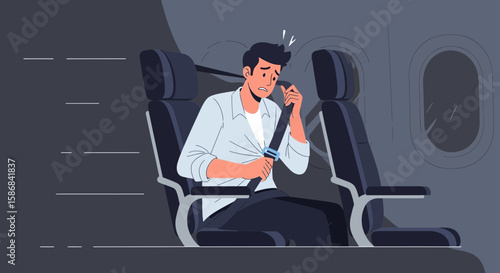 Worried Man Fastening Seatbelt On Airplane Amidst Turbulence And Anxiety
