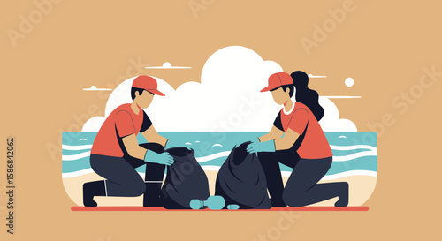 Volunteers Cleaning Beach Environmental Conservation Initiative Earth Day Graphic