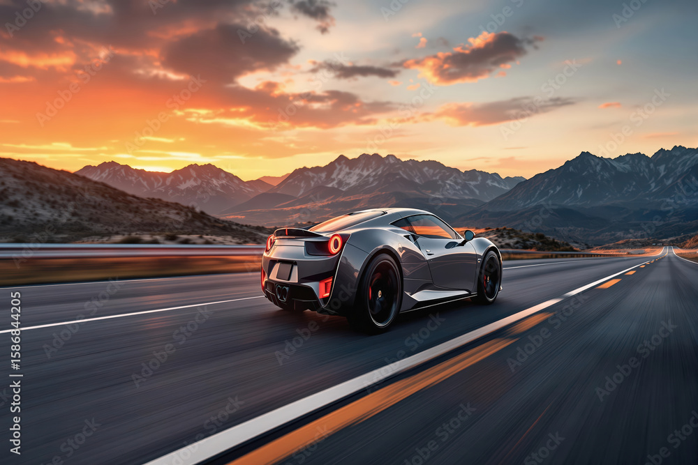 Naklejka premium Gray sports car driving on mountain road during sunset, concept of travel and speed.