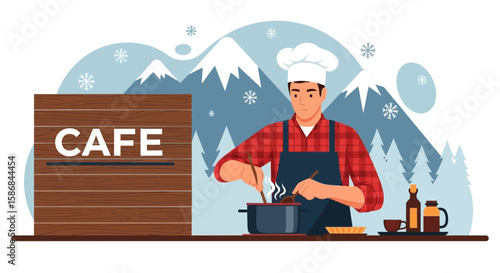 Welcoming Winter: A Chef Prepares Delicious Food In A Cozy Mountain Cafe
