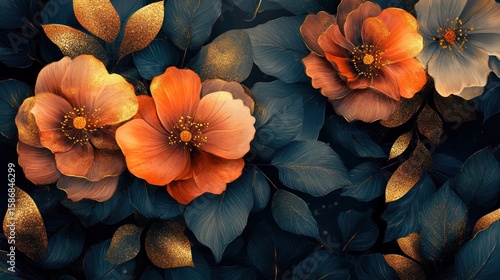Wallpaper Mural Floral elegance: Decorative arrangement of orange and blue toned flowers and leaves Torontodigital.ca