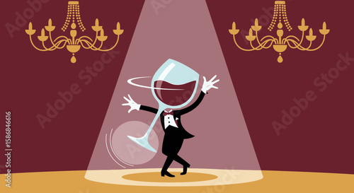 Wine Glass Person Performing On Stage Under Spotlight With Chandeliers
