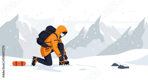 Winter Adventure Preparation Hiker Securing Crampons on Boots Before Mountain Ascent