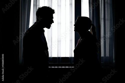 Silhouettes of a man and woman standing face to face in front of a bright window, appearing to argue or in conflict, symbolizing relationship tension.