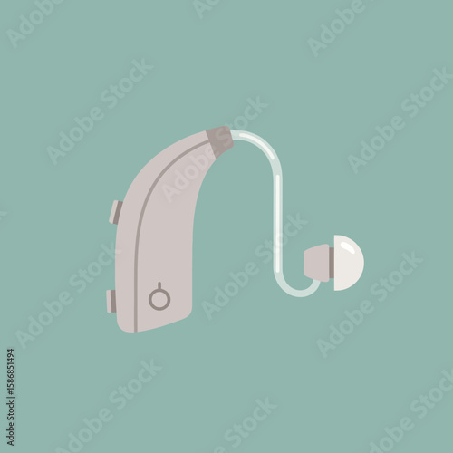 Hearing aid device on a teal background.