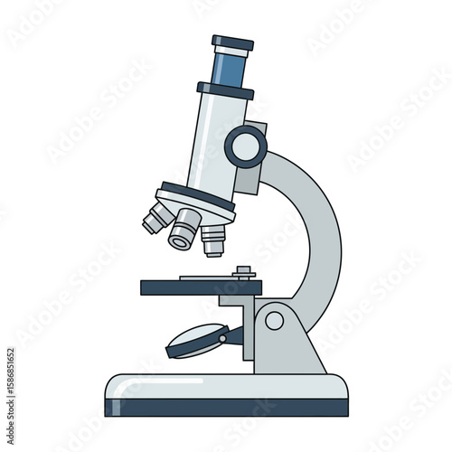 A gray and blue cartoon microscope stands on a white background.
