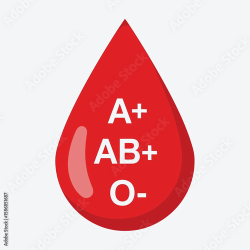 Red blood drop with blood types a+ ab+ o- displayed on it.