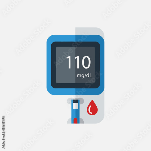 Blood glucose meter showing a reading with a drop of blood.