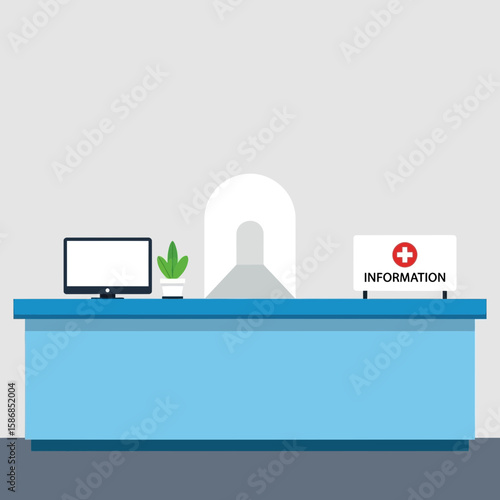 Reception desk with computer monitor plant and signage in a waiting area.