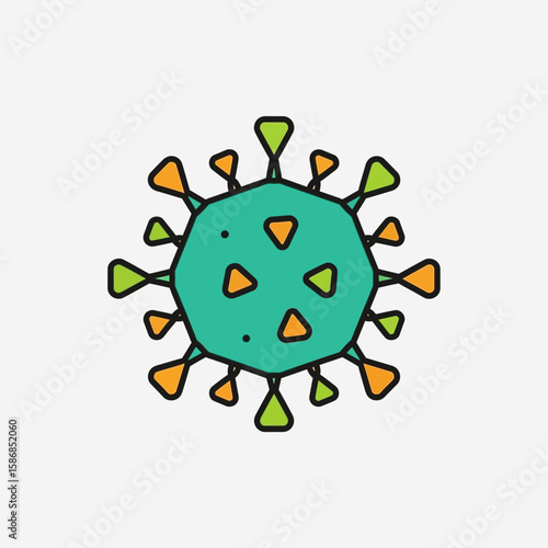 Cartoon illustration of a virus cell with green body and yellow spikes.