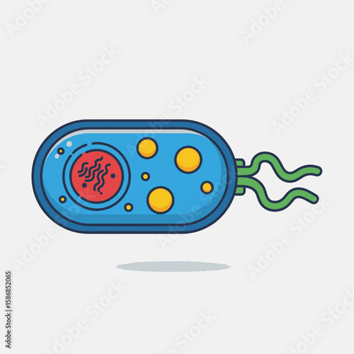Blue bacterium illustration with red nucleus yellow spots and green flagella.