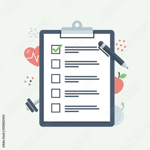 Clipboard with checklist pen heart apple and dumbbell on a light background.